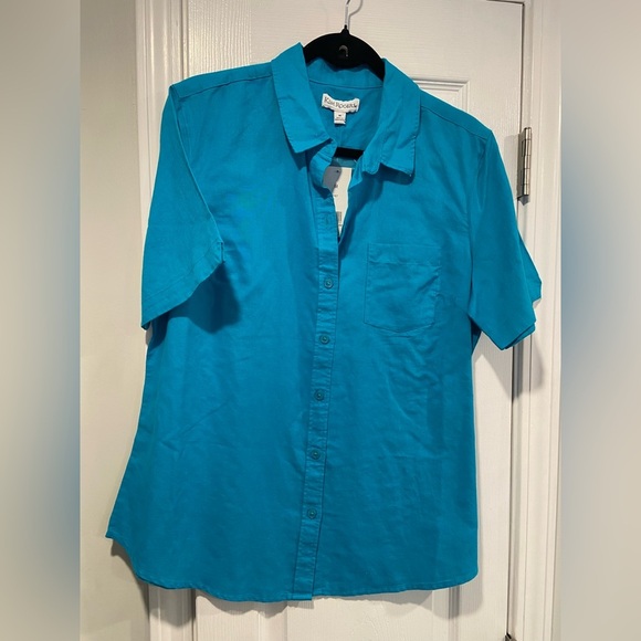 NWT Kim Rogers Size M Turquoise Blue Linen Blend Short Sleeve Button Down Shirt - Picture 1 of 11
